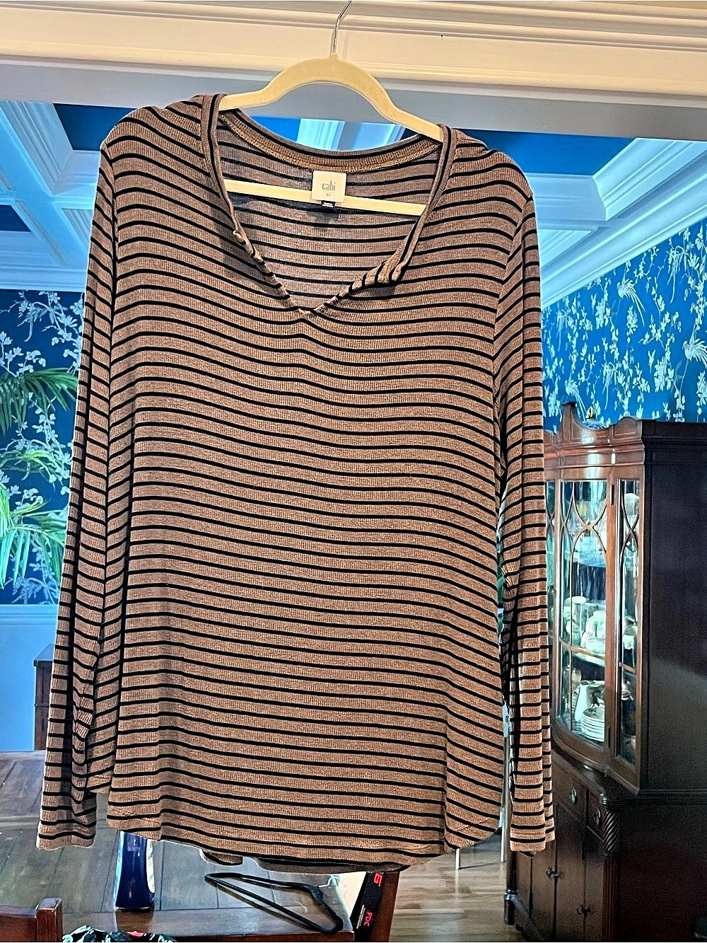 Cabi Striped Long Sleeve Top in Brown & Black Size XL